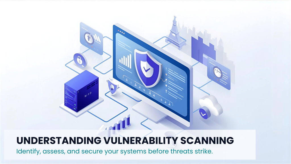 Illustration of a cybersecurity dashboard performing a vulnerability scan across business systems — UK SMB focus.