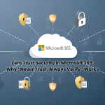 A modern, professional digital illustration showing a secure cloud network connected to laptops and mobile devices with verification shields and lock icons, representing Zero Trust security in Microsoft 365. Include subtle Microsoft 365 app icons (Teams, Outlook, SharePoint) in the background. Use cool blue and violet tones for a tech-trust aesthetic.